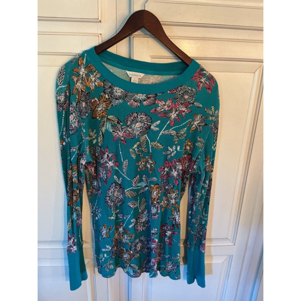 Sundance Teal Floral Waffle Knit Thermal Top Long Sleeve Button Cuff Large